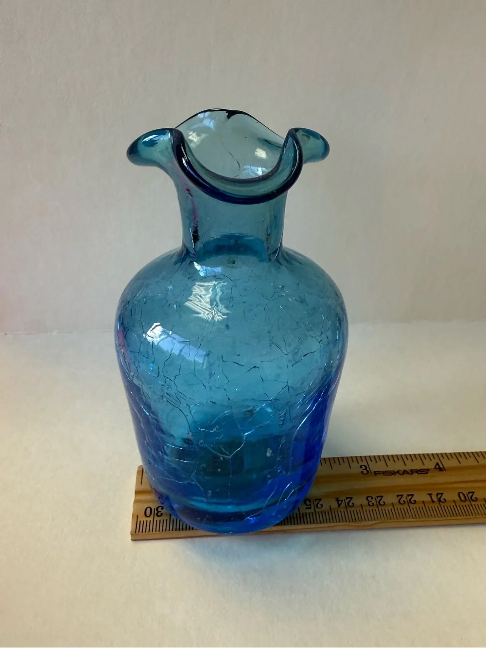 Vintage Blue Crackle Glass Bud Vase Ruffle Rim. - Picture 8 of 10